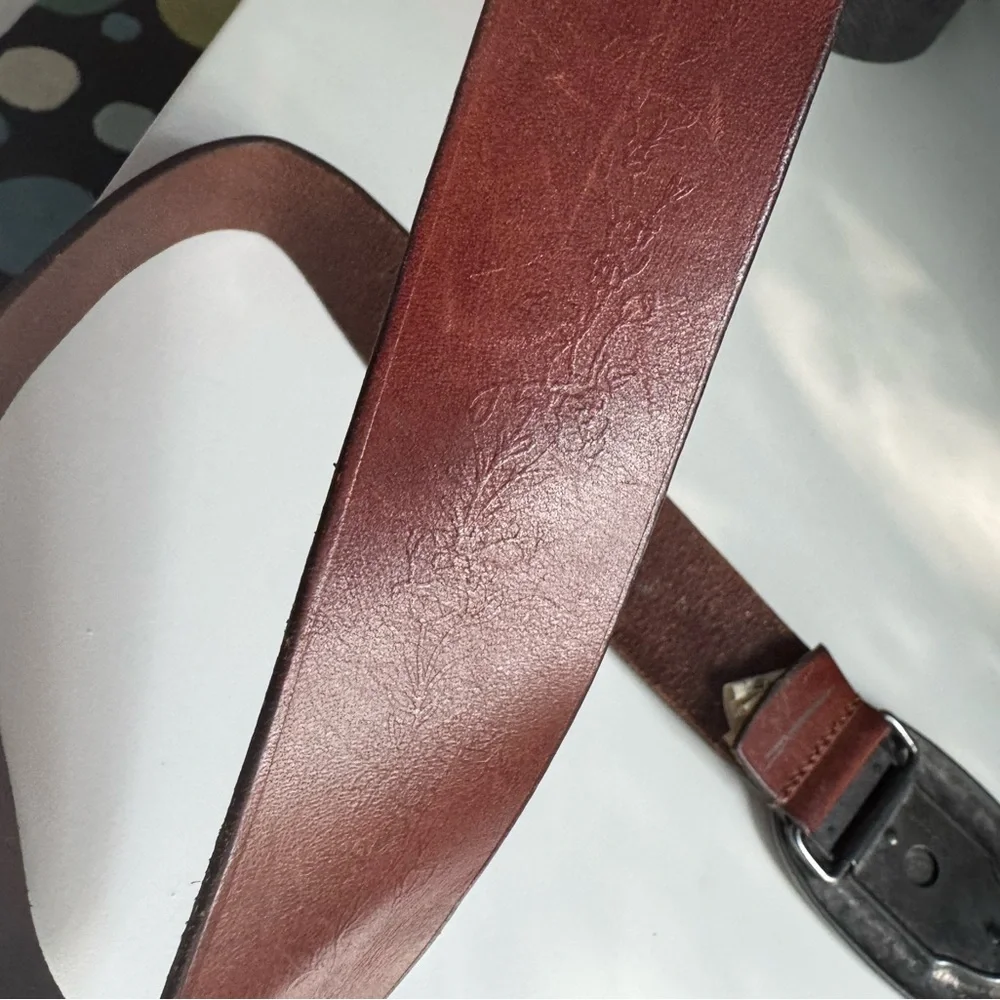 Abercrombie and Fitch Western Tooled Leather Belt Brown Chunky Silver Buckle - Picture 8 of 10